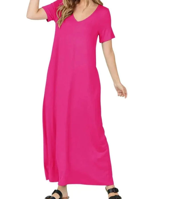 Plain V Neck Maxi Dress with Pockets