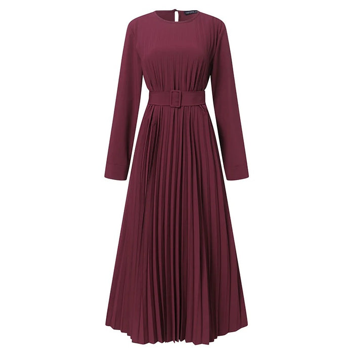 Pleated Maxi Dress with Belt