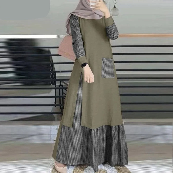 Patchwork Long Sleeve Maxi Dress