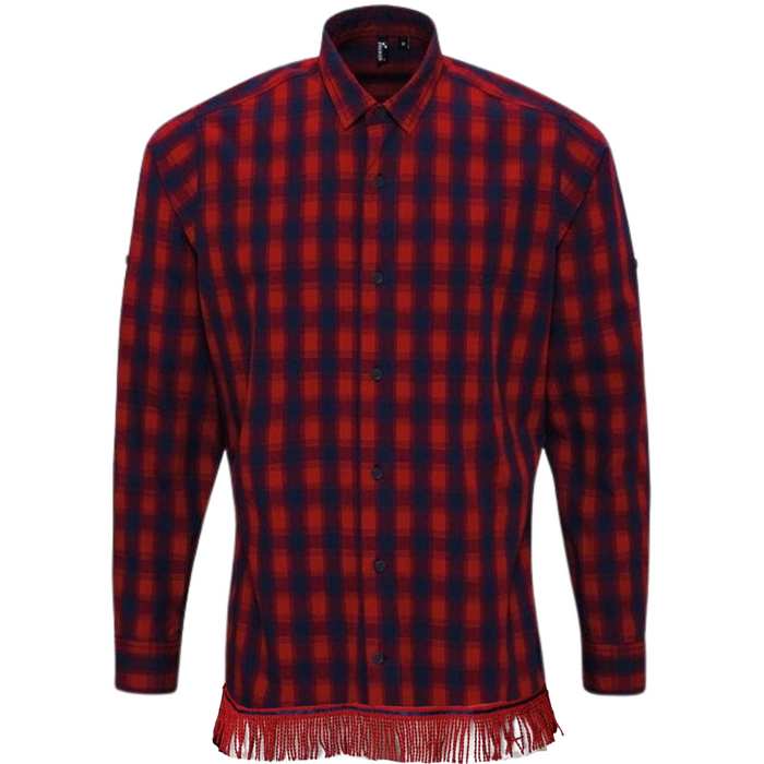 Men's Long Sleeve Plaid Shirt with Fringes