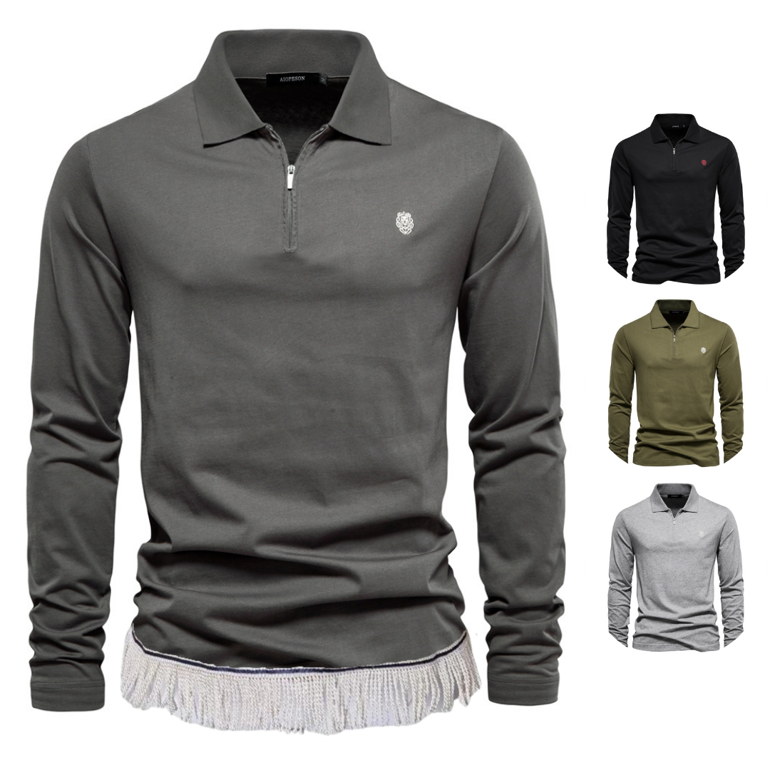 Lion Embroidered Long Sleeve Polo with Fringes