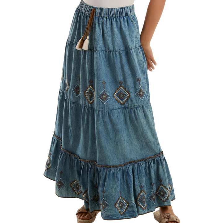 100% Cotton Denim Embroidered Tiered Skirt