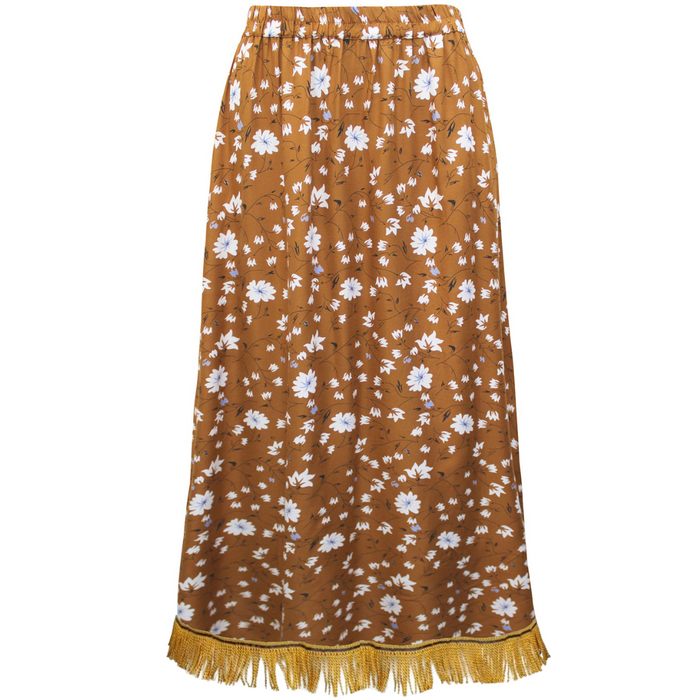 Bronze Pull-On Floral Print Midi Skirt