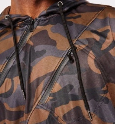 Men's Camo Slanted Zip-Up Hoodie with Fringes