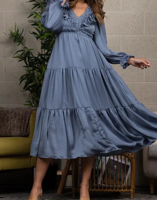 Satin V-Neck Ruffled Maxi Dress
