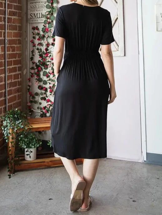 Plain Elastic Waist Midi Dress with Pockets
