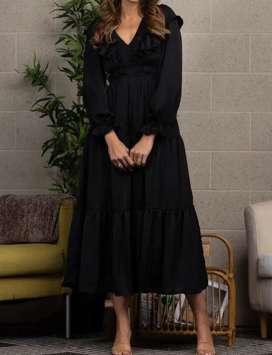 Satin V-Neck Ruffled Maxi Dress