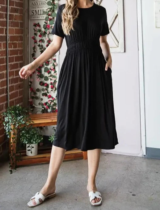 Plain Elastic Waist Midi Dress with Pockets