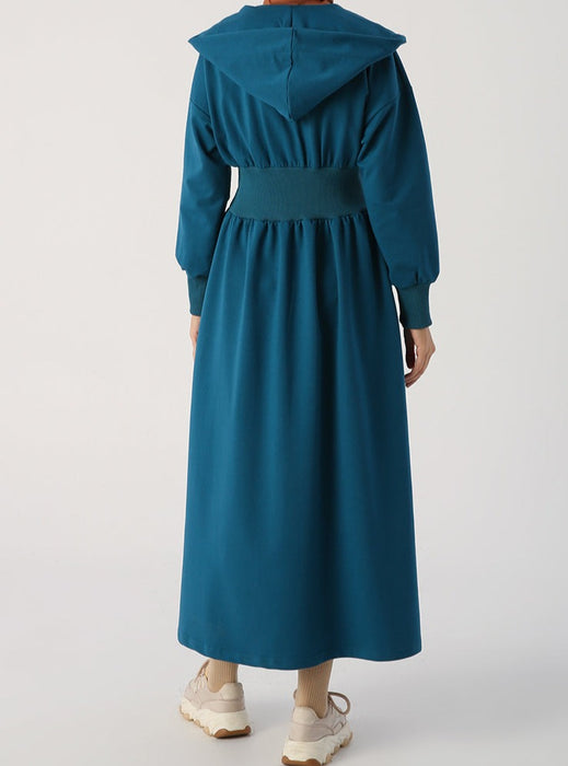 Ribbed Waist Hooded Maxi Dress