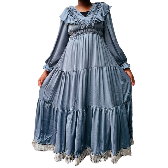 Satin V-Neck Ruffled Maxi Dress
