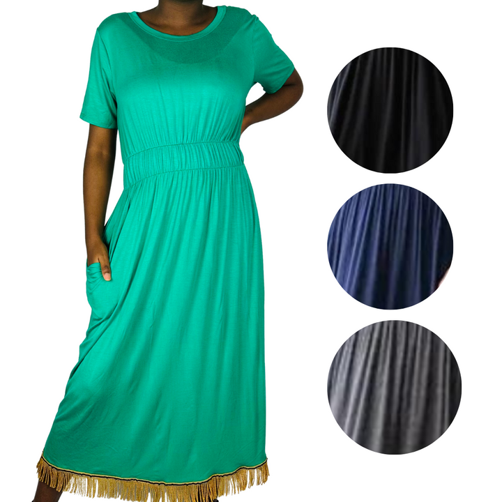 Plain Elastic Waist Midi Dress with Pockets