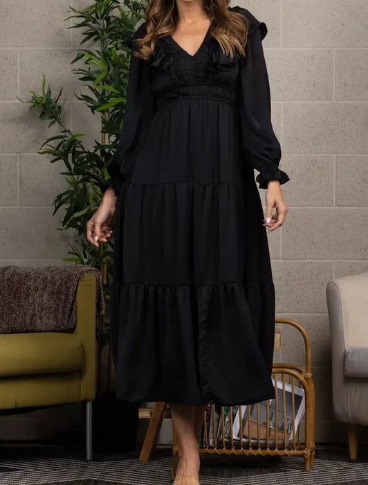 Satin V-Neck Ruffled Maxi Dress
