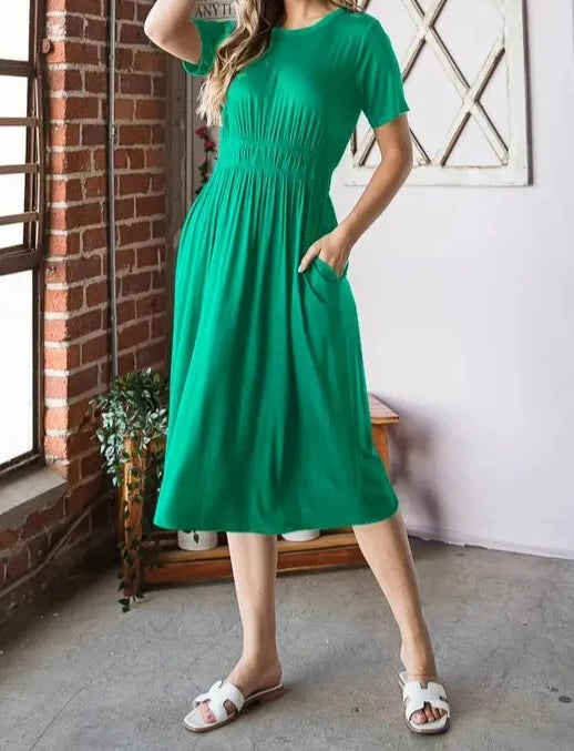 Plain Elastic Waist Midi Dress with Pockets