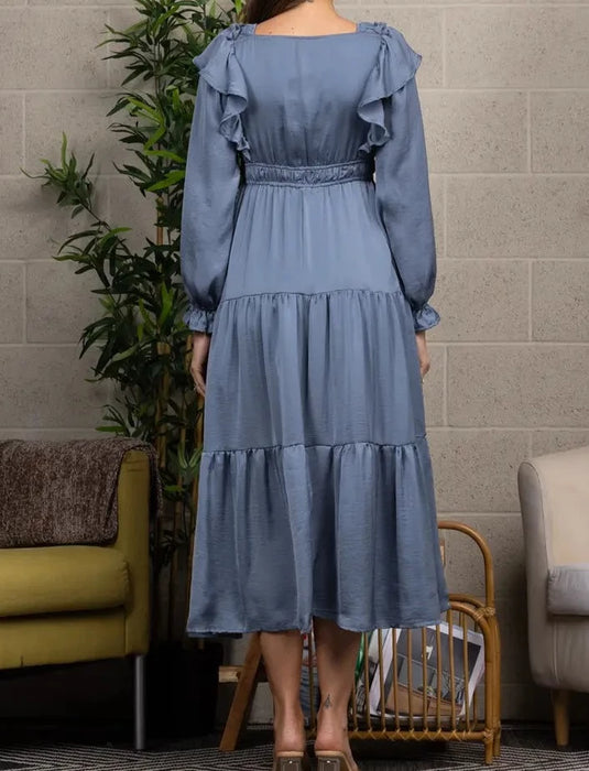 Satin V-Neck Ruffled Maxi Dress
