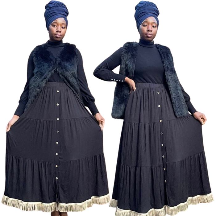 Plain Button Maxi Skirts with Pockets