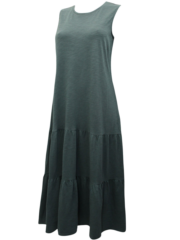 100% Cotton Khaki Sleeveless Tiered Maxi Dress - Free Worldwide Shipping- Sew Royal US