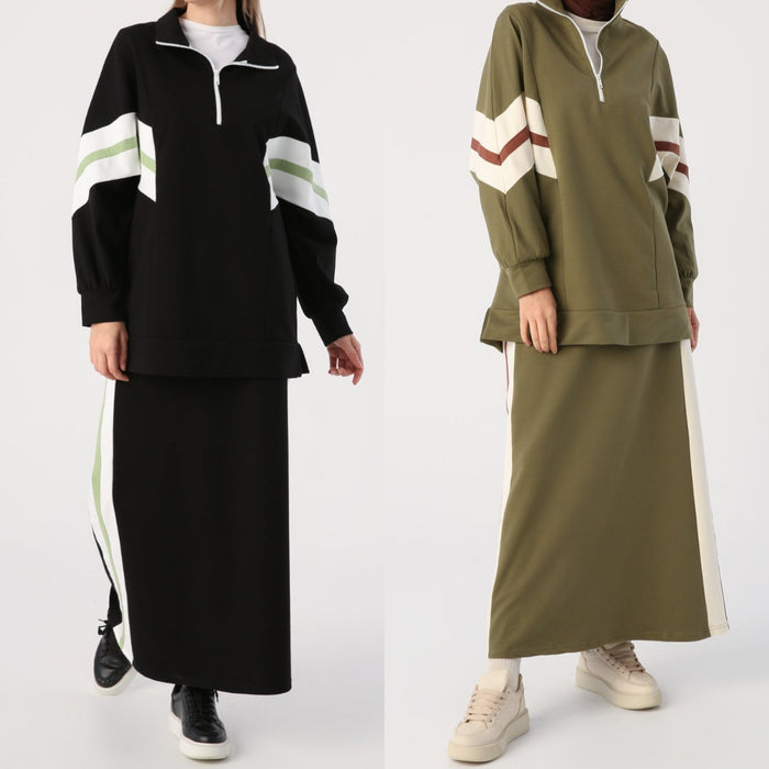 Zipper Collar Maxi SweatSkirt Set