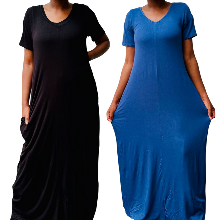 Plain V Neck Maxi Dress with Pockets