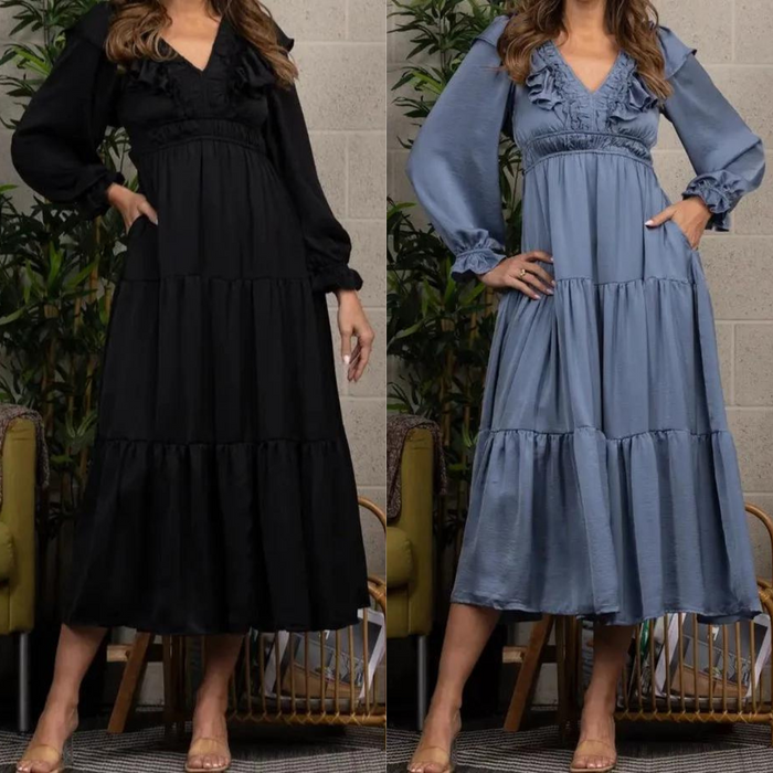 Satin V-Neck Ruffled Maxi Dress