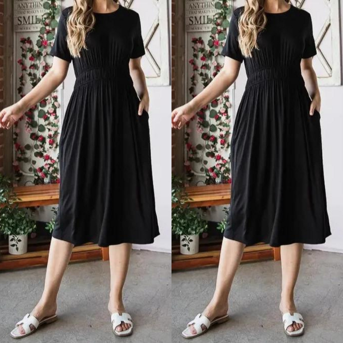 Plain Elastic Waist Midi Dress with Pockets
