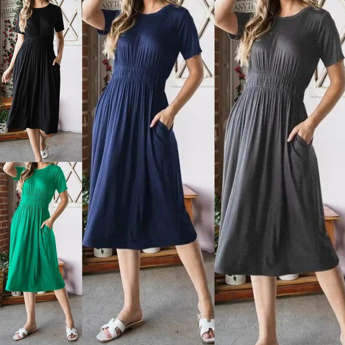 Plain Elastic Waist Midi Dress with Pockets