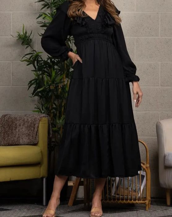 Satin V-Neck Ruffled Maxi Dress