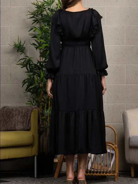 Satin V-Neck Ruffled Maxi Dress