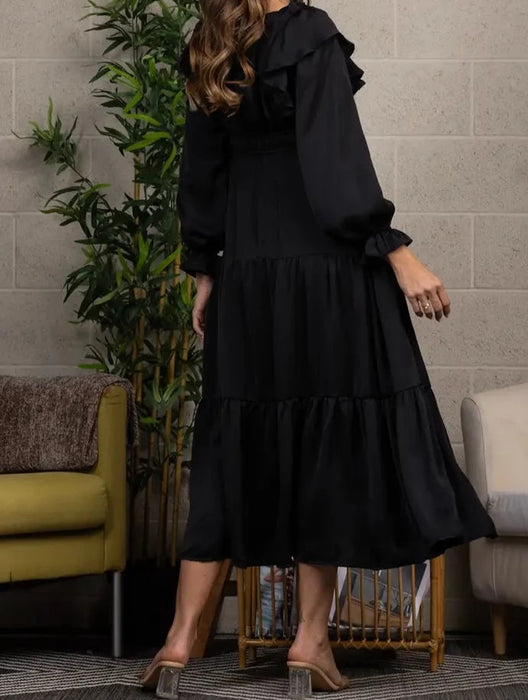Satin V-Neck Ruffled Maxi Dress