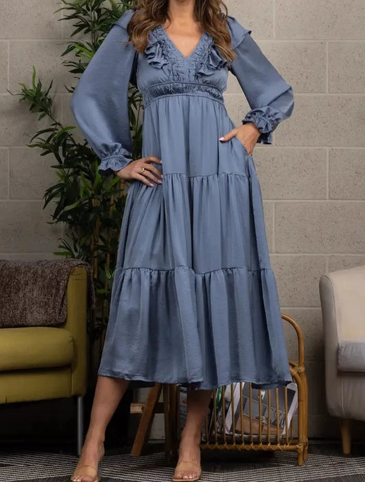 Satin V-Neck Ruffled Maxi Dress