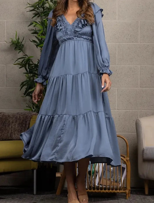 Satin V-Neck Ruffled Maxi Dress