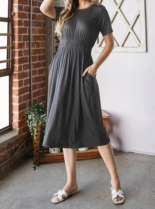 Plain Elastic Waist Midi Dress with Pockets