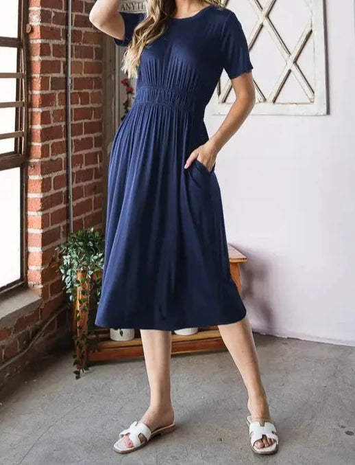 Plain Elastic Waist Midi Dress with Pockets