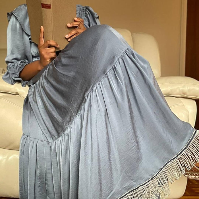 Satin V-Neck Ruffled Maxi Dress
