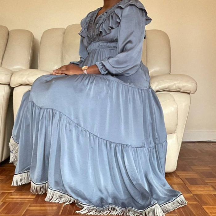 Satin V-Neck Ruffled Maxi Dress