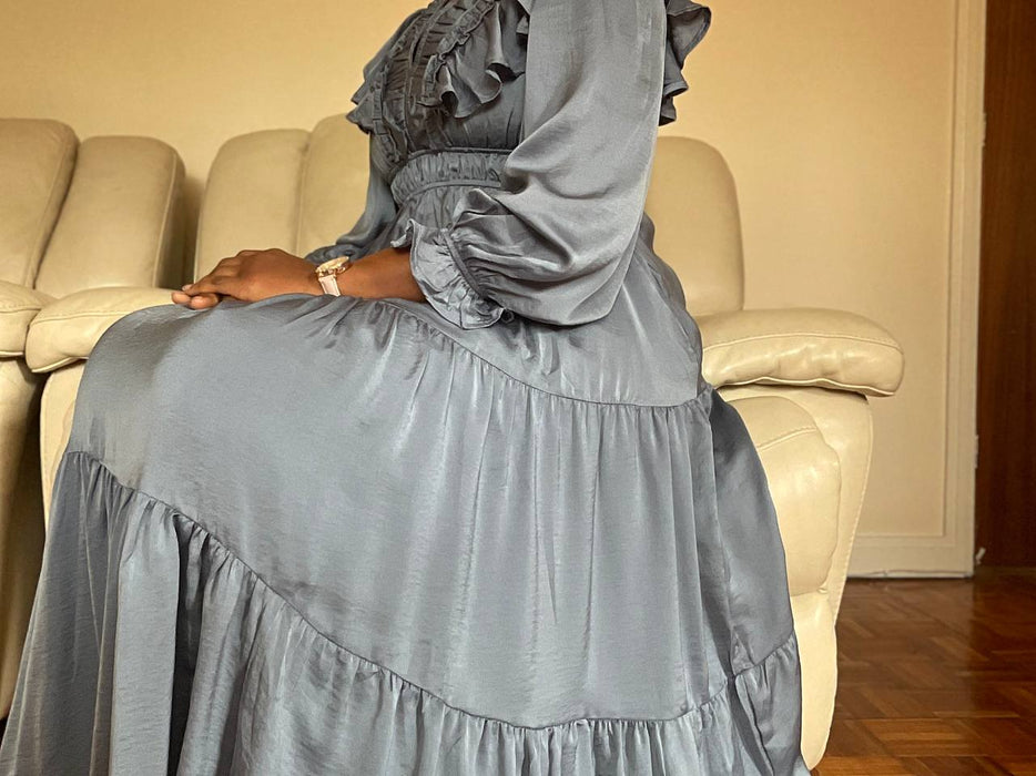 Satin V-Neck Ruffled Maxi Dress
