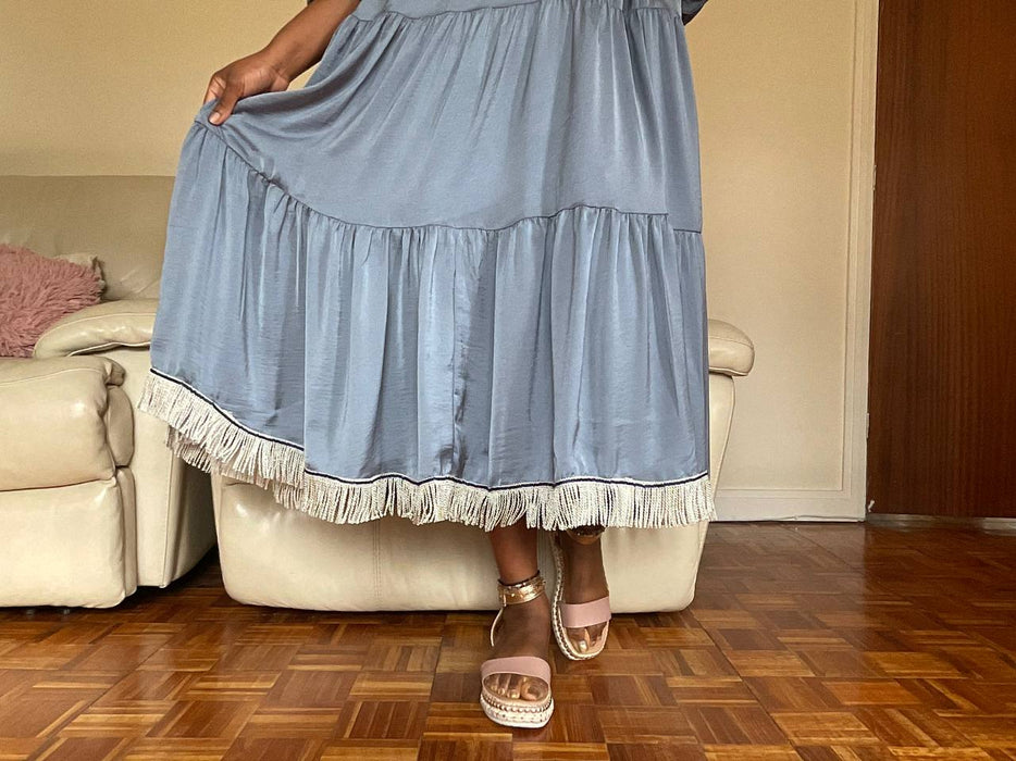 Satin V-Neck Ruffled Maxi Dress