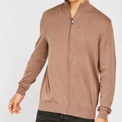 Dark Taupe Mens Zip Up Sweater with Fringes - Free Worldwide Shipping- Sew Royal US